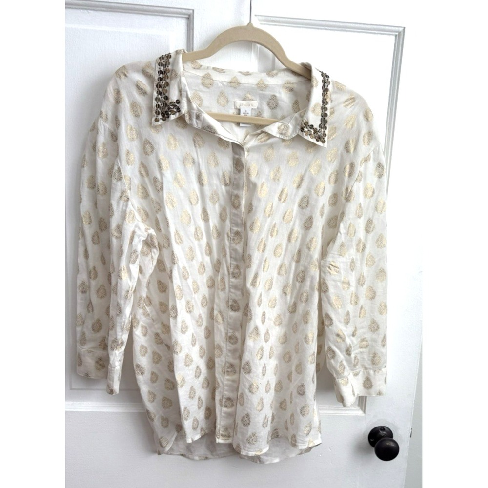 Chicos White Gold Foil Block Print Embellished Collar Cotton Button Down Shirt 3